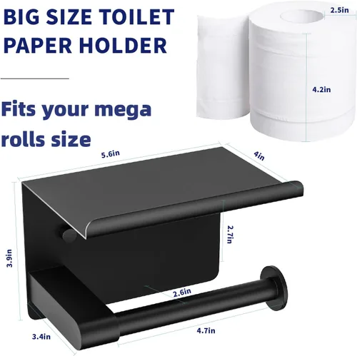 Miniatura 2 de GLNLQ Soporte de papel higiénico negro mate con estante, se adapta a Mega Rollos, acero inoxidable a prueba de óxido, soporte de rollo de papel