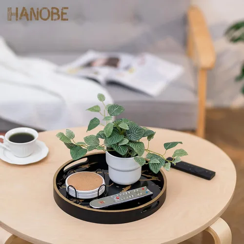 Miniatura 4 de Hanobe Bandeja redonda decorativa para café: Bandeja circular de mármol negro con asas, bandejas de mesa para sala de estar, bebida, fiesta, hogar