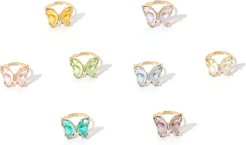 8 anillos de mariposa 3D chapados en oro, acrílicos, ajustables, de colores, con forma de lazo, para mujeres y niñas, joyería de dedo, Metal