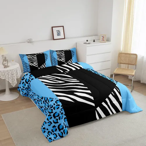 Miniatura 2 de Manfei Juego de edredón de leopardo azul, tamaño individual, juego de ropa de cama con estampado de corazón romántico de 2 piezas para niños y Multi