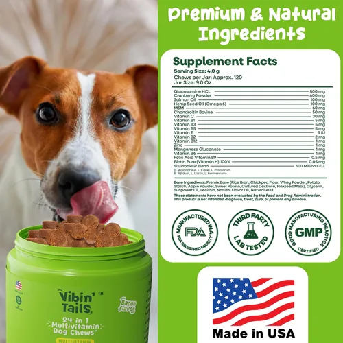 Miniatura 7 de Vibin' Tails Multivitamínico 24 en 1 para perros, glucosamina condroitina apoyo para cadera y articulaciones, probióticos y omega-3, piel y pelaje