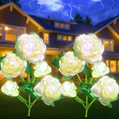 SmilingTown Luces solares de flores para exteriores, impermeables, [actualizadas], paquete de 2 10 rosas blancas, luces decorativas para jardín,