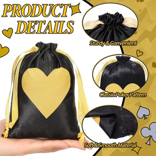 Miniatura 3 de SilTriangle 24 bolsas de regalo de fiesta de casino, decoraciones de fiesta temática de casino con cordón de Las Vegas, bolsas de póquer de satén