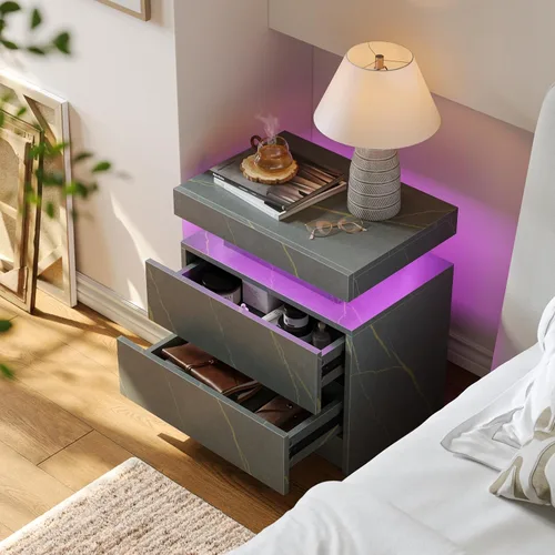 Miniatura 3 de Mesita de noche LED Mesita de noche LED con luces LED, mesa auxiliar moderna con 2 cajones para dormitorio, gris claro