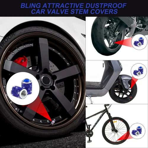 Miniatura 6 de Alpmosn Tapones para válvula de neumático de automóvil, 4 tapas de válvula de neumático brillantes, tapones de cristal brillantes para mujeres, Azul