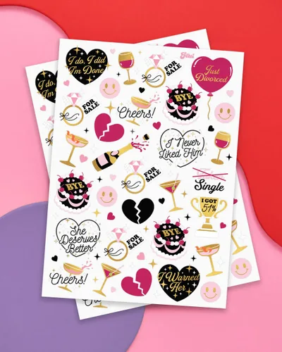 Miniatura 2 de xo, Fetti Tatuajes temporales para fiesta de divorcio – 60 estilos de aluminio Suministros de fiesta solo divorciados, recuerdos de fiesta