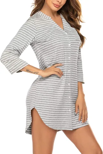 Miniatura 5 de Ekouaer - Camisón a rayas para mujer, con manga de 34, vestido para dormir, suave, con botones