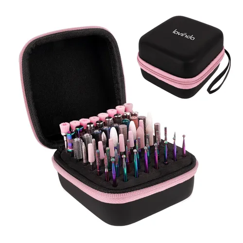 Lavinda Juego de organizador para brocas de uñas rosa, estuche con 64 agujeros a prueba de polvo con espuma de alta densidad - Almacenamiento seguro