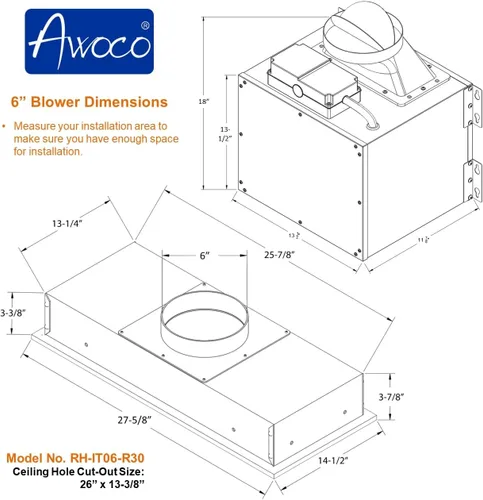 Miniatura 6 de Awoco RH-C06 - Campana de acero inoxidable de 6 pulgadas y 4 velocidades para usar debajo del gabinete, 900 CFM, con luces, 30, 36 y 42 pulgadas