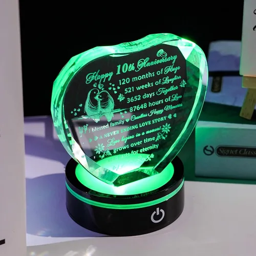 Miniatura 5 de YWHL Regalos de corazón de cristal para parejas con base LED, grabado con láser, regalo de recuerdo de feliz décimo aniversario para esposa, marido
