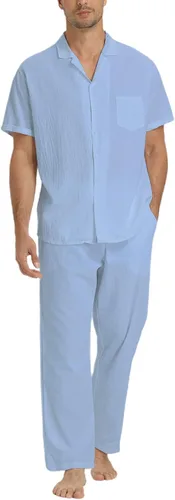 Miniatura 21 de RPOVIG Conjunto de camisa de lino y pantalones: conjuntos de lino de 2 piezas para hombre, camisas de manga corta, pantalones de yoga, trajes