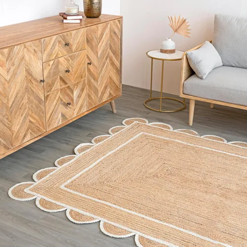 Miniatura 13 de Alfombra festoneada de yute natural, base natural, borde blanco hueso, 2 pies x 6 pies