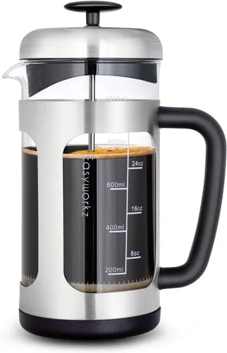 Easyworkz Prensa francesa de acero inoxidable 34 oz Cafetera Tetera con mango de agarre suave Plateado