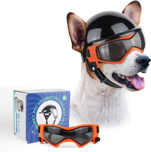 Miniatura 11 de Gafas para perros pequeños con casco, 2 lentes de sol para perros y casco de motocicleta para mascotas para razas pequeñas y medianas al aire libre