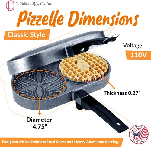 Miniatura 4 de C. Palmer Pizzelle Iron Modelo 1000, máquina de pizzela eléctrica de 800 vatios, prensa de pizzelle hecha en Estados Unidos, hace dos pizzelas