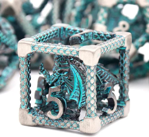 Miniatura 26 de D&D Dice, Dungeons and Dragons Dice HNCCESG Juego de dados de metal poliédricos huecos para juegos de mesa RPG MTG (Dragon Silver Blood Spot)