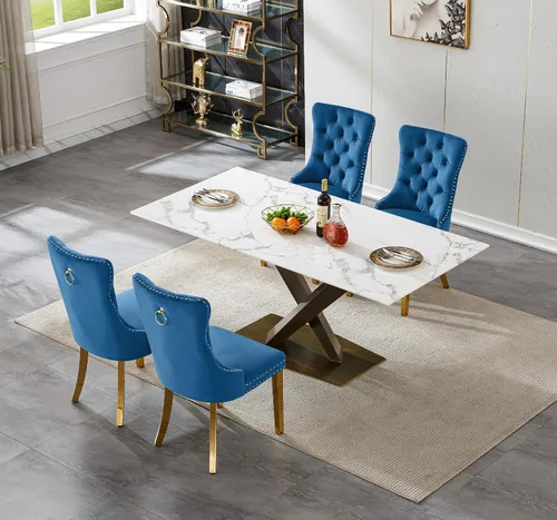 Miniatura 2 de Juego de mesa de comedor de mármol blanco de lujo para 4, 70 pulgadas, mesa de comedor de mármol blanco con 4 sillas de terciopelo azul y base