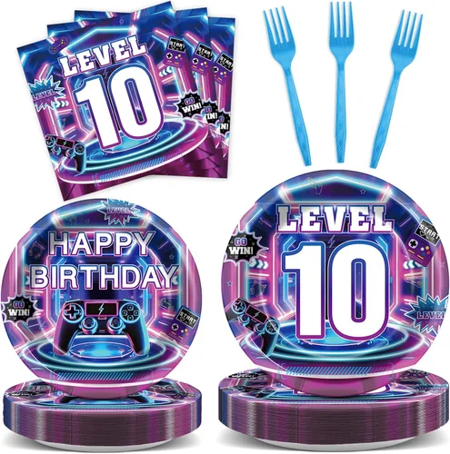 96 piezas de decoración de fiesta de videojuegos de cumpleaños número 10, vajilla temática de 10 años, platos morados y azules, servilletas,
