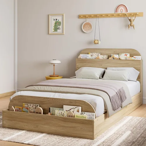 Miniatura 17 de Estructura de cama Garvee tamaño individual con cabecero y estribo – Cama de plataforma baja para niños, diseño de piso doble de madera, sin ruido