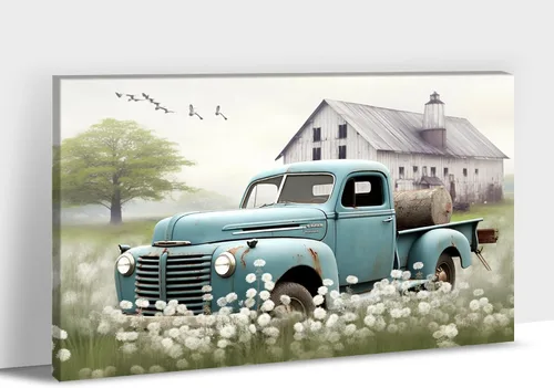 Miniatura 21 de Lienzo de pared de camión antiguo de granja, arte de pared de granero rústico, impresiones de lienzo de camioneta vintage de campo, impresiones