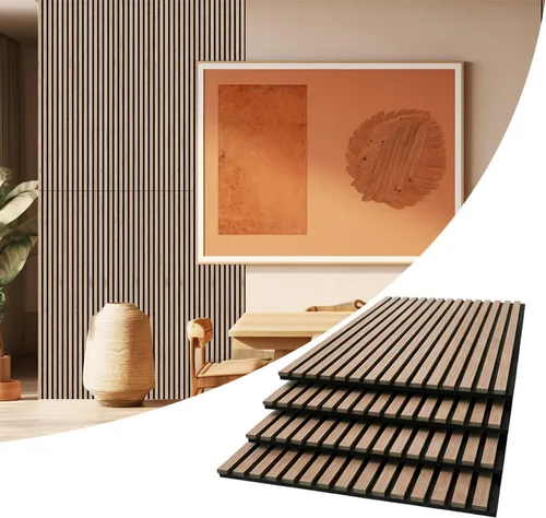 Miniatura 15 de AKUMAX Paquete de 2 paneles acústicos, listones de madera para pared y techo, paneles de espuma acústica de 96 x 24 pulgadas, paneles de pared 3D