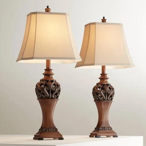 Miniatura 2 de Regency Hill Exeter Lámparas de Mesa de Estilo Tradicional 30" de Alto Juego de Tamaño Completo de 2 Bronce Madera Tallada Hoja Crema Pantalla