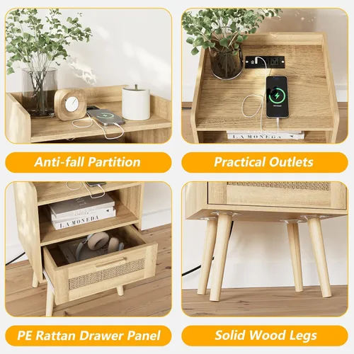 Miniatura 7 de Masupu Mesita de noche, mesita de noche pequeña con dos cajones, mesita de noche blanca, muebles de noche, mesa auxiliar moderna de mediados