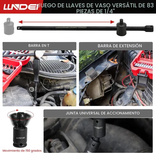 Miniatura 7 de LLNDEI Juego de llaves de impacto de trinquete de 1/4 pulgada de 83 piezas, llave de trinquete de 72T, juego de herramientas mecánicas CR-V