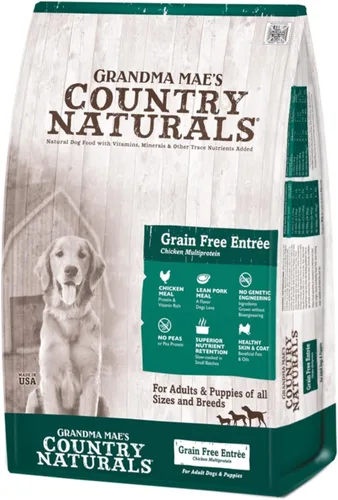 Grandma Mae's Country Naturals Alimento seco para perros, fórmula multiproteína sin granos, pollo, cerdo y pescado blanco, cocción lenta y rica en