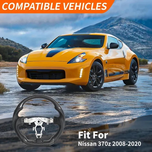 Miniatura 5 de Volante de fibra de carbono, volante de cuero perforado con parte inferior plana en forma de D, color negro, apto para Nissan 370z 2008-2020