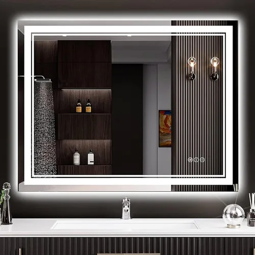 30x36 Espejo de baño LED con luces, retroiluminado y luz frontal, espejo de tocador iluminado antivaho para pared de baño, 3 colores, regulable, con