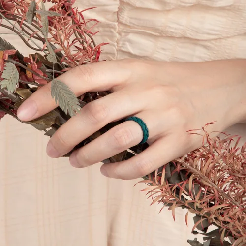 Miniatura 68 de Egnaro Anillos de boda de silicona para ella, conjuntos de novia de goma para mujer, bandas finas, diseño trenzado de hojas apilables con ranuras