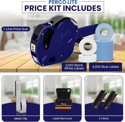 Miniatura 2 de Perco Lite - Pistola de precio de 1 línea con etiquetas, el kit incluye 3 rollos blancos, 3 rollos azules, 2 rodillos de tinta, 1 rollo de tinta