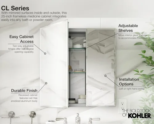 Miniatura 7 de Kohler CB-CLC2526FS Botiquín de baño con espejo, puertas de espejo biseladas, estantes ajustables, borde biselado rectangular, 25 pulgadas de ancho