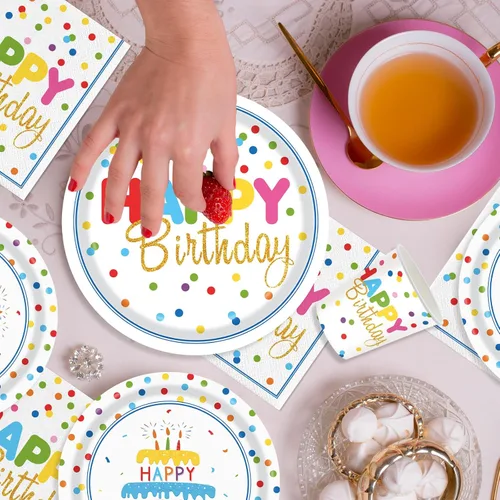 Miniatura 7 de Juego de 140 piezas de suministros para fiesta de cumpleaños con diseño colorido de lunares, incluye platos desechables de cumpleaños y servilletas