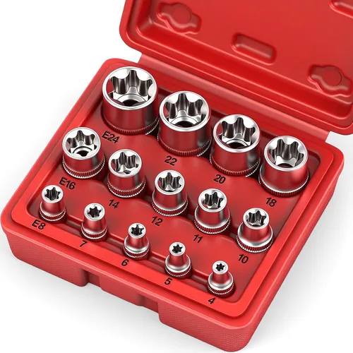 SEDY E-TORX Juego de llaves de vaso de 14 piezas – Juego de llaves Torx hembra de primera calidad, enchufes Torque Star definitivos, enchufes Torx