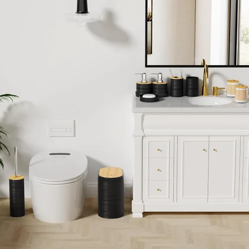 Miniatura 7 de XLHOMO Juego de 10 accesorios de baño color negro, juego de accesorios de baño de lujo con basura, cepillo de inodoro y 2 dispensadores de jabón