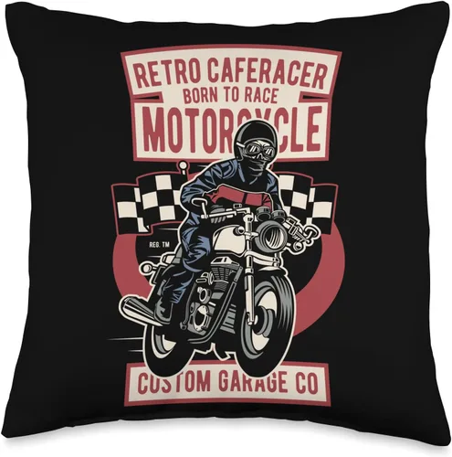 Retro Cafe Racer Born Race Motorcycle Garage Gift Retro Cafe Racer Born to Race Motorcycle Custom Garage Co Throw Pillow, 16x16, Multicolor