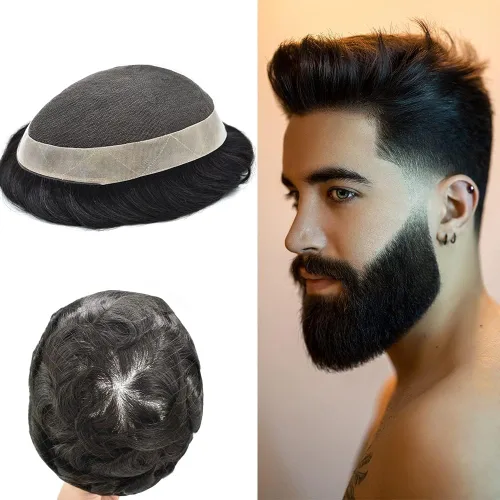 Miniatura 13 de Mens Toupee sistema de reemplazo de cabello humano europeo para hombres encaje tupé para hombres postizos para hombre pieza de pelo Protesis Capilar