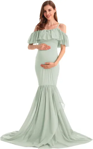 MYRISAM Vestido de maternidad con volantes y hombros descubiertos para mujer, vestido de fiesta de sirena de gasa, vestido ajustado