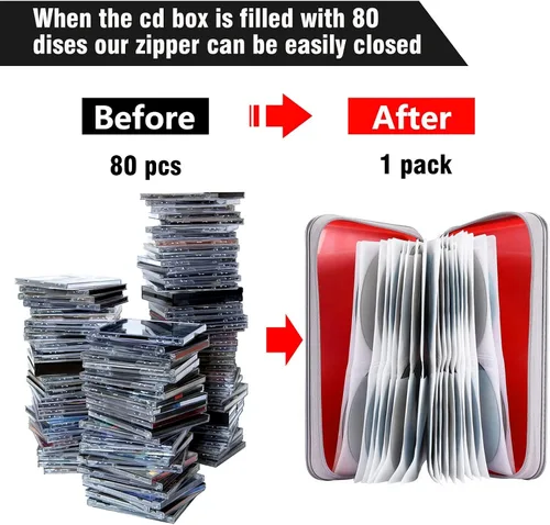 Miniatura 4 de Siveit Funda para CD, soporte para 80 CD/DVD, carteras para CD/DVD, estuches duros de plástico para CD/DVD, organizador de almacenamiento para Rojo