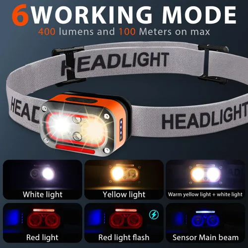 Miniatura 3 de Faro recargable 2 unidades, luces de cabeza superbrillantes para la frente, 5 modos de luz de cabeza impermeable con sensor de movimiento, linterna