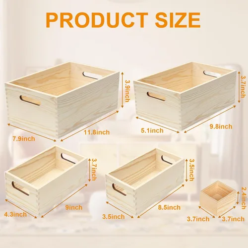 Miniatura 2 de Paquete de 6 cajas de madera sin terminar, 5 tamaños, asas naturales, cajas de madera, organizador de almacenamiento, caja de manualidades, caja