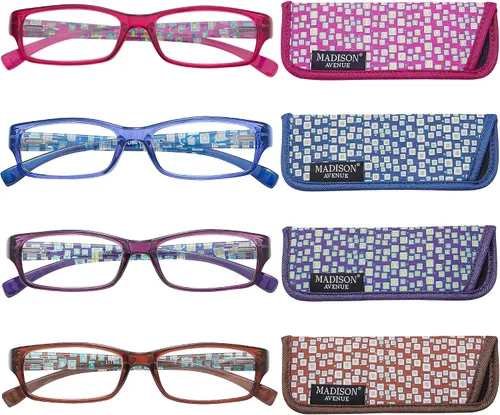 Madison Avenue Paquete de 4 lentes de lectura multicolor con bloqueo de luz azul para mujer, bisagra de resorte, color rojo rosa, azul, morado,