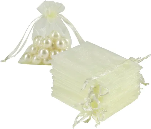 HRX Package 100 bolsas pequeñas de organza de 3 x 4 pulgadas, bolsas de malla color amarillo pastel con cordón para joyas, pulseras, dulces,