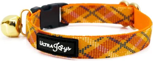 Miniatura 4 de Ultra Joys Collar de gato con campanas - Separable para gatitos y gatos - Estampado a cuadros naranja pequeño Solo cuello a cuadros
