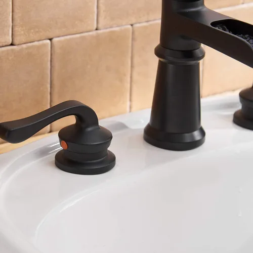 Miniatura 9 de BWE Grifo de baño generalizado de 3 agujeros, color negro mate con montaje de drenaje desplegable y manguera de suministro, cascada negra, de dos