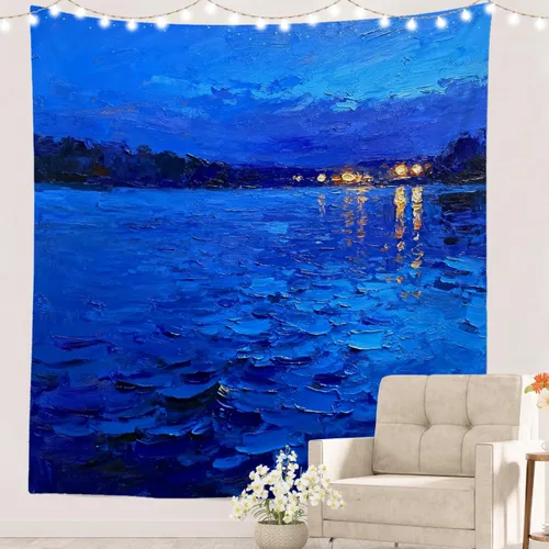 Miniatura 71 de Batmerry Tapiz azul y blanco, tapiz abstracto de pintura azul, negro, gris y blanco, para sala de estar, dormitorio, pared, decorativo, 51.2 x 59.1