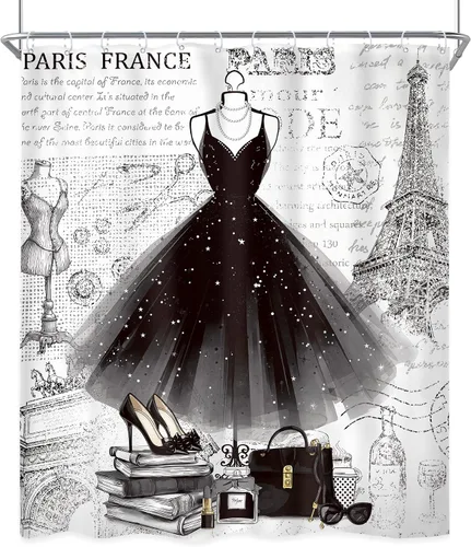 Miniatura 8 de Riyidecor Cortina de ducha negra de moda de 60 pulgadas de ancho x 72 pulgadas de alto, vestido femenino blanco y negro, torre Eiffel, perfume