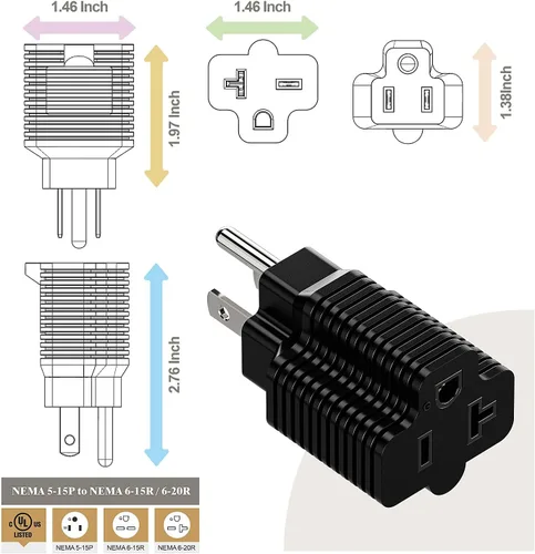 Miniatura 4 de Paquete de 3 adaptadores de enchufe Nema de 15 amperios a 20 amperios, listado ETL, NEMA 5-15P a 5-15/20R (peine de 20 amperios T Blade) 15 Amp